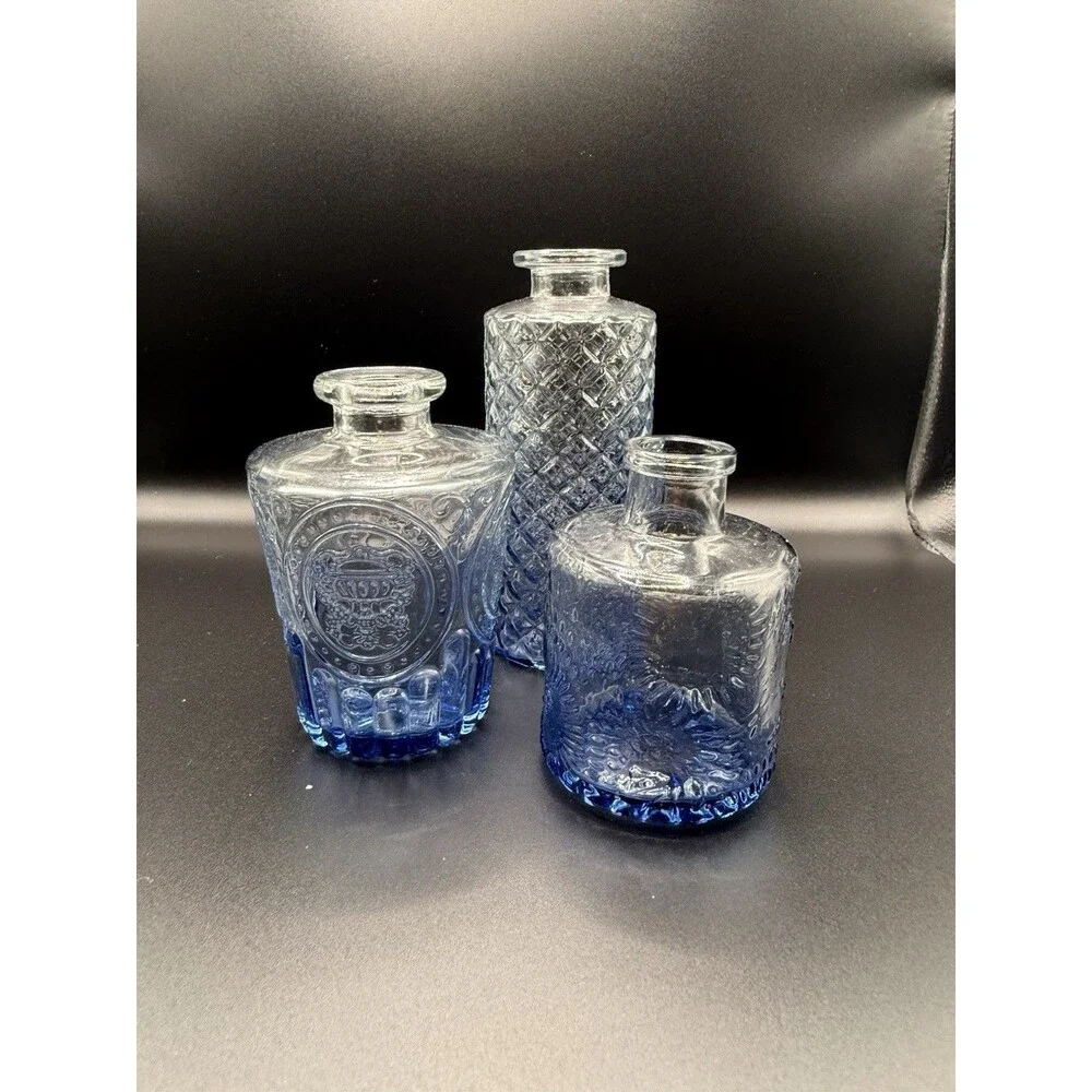 Lot Of 3 Vintage Style Blue Glass Bud Vases Bottles Shabby Chic Cottagecore